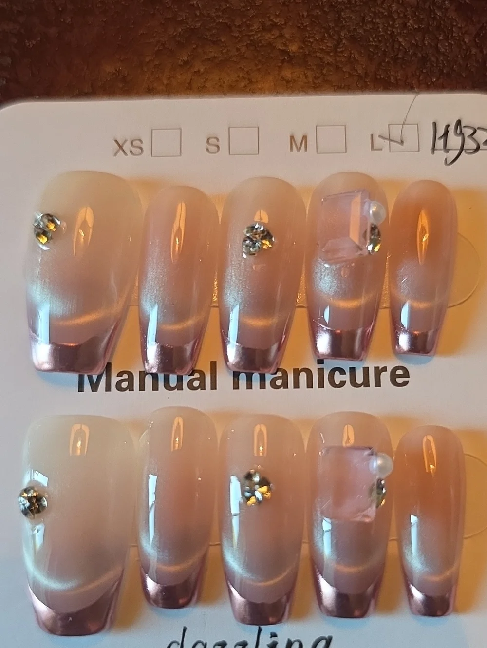 Neutral Pink Pearl Fake Nail Set with Rhinestone Accents Size Large